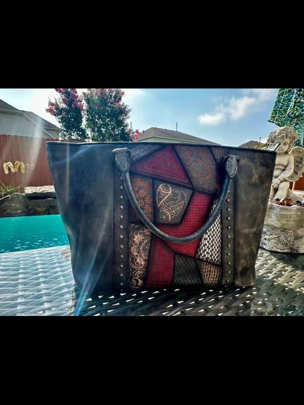 Patchwork Tote and matching wallet Black and Burgundy with Mixed Textue